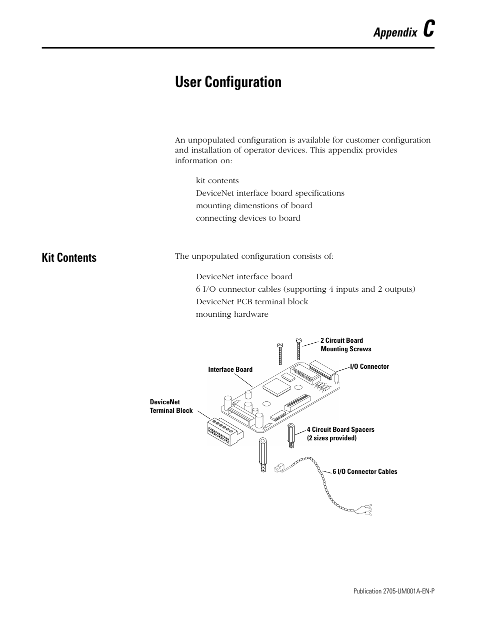 C - user configuration, Kit contents, User configuration | Appendix | Rockwell Automation 2705 RediSTATION Operator Interface User Manual User Manual | Page 55 / 64