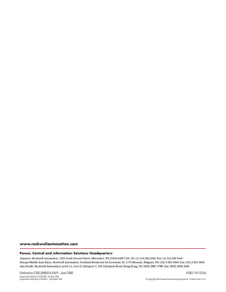 Back cover | Rockwell Automation 2705 RediSTATION Operator Interface User Manual User Manual | Page 64 / 64
