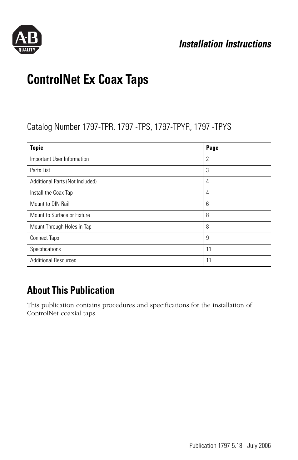 Rockwell Automation 1797-TPYS ControlNet Coax Taps User Manual | 12 pages