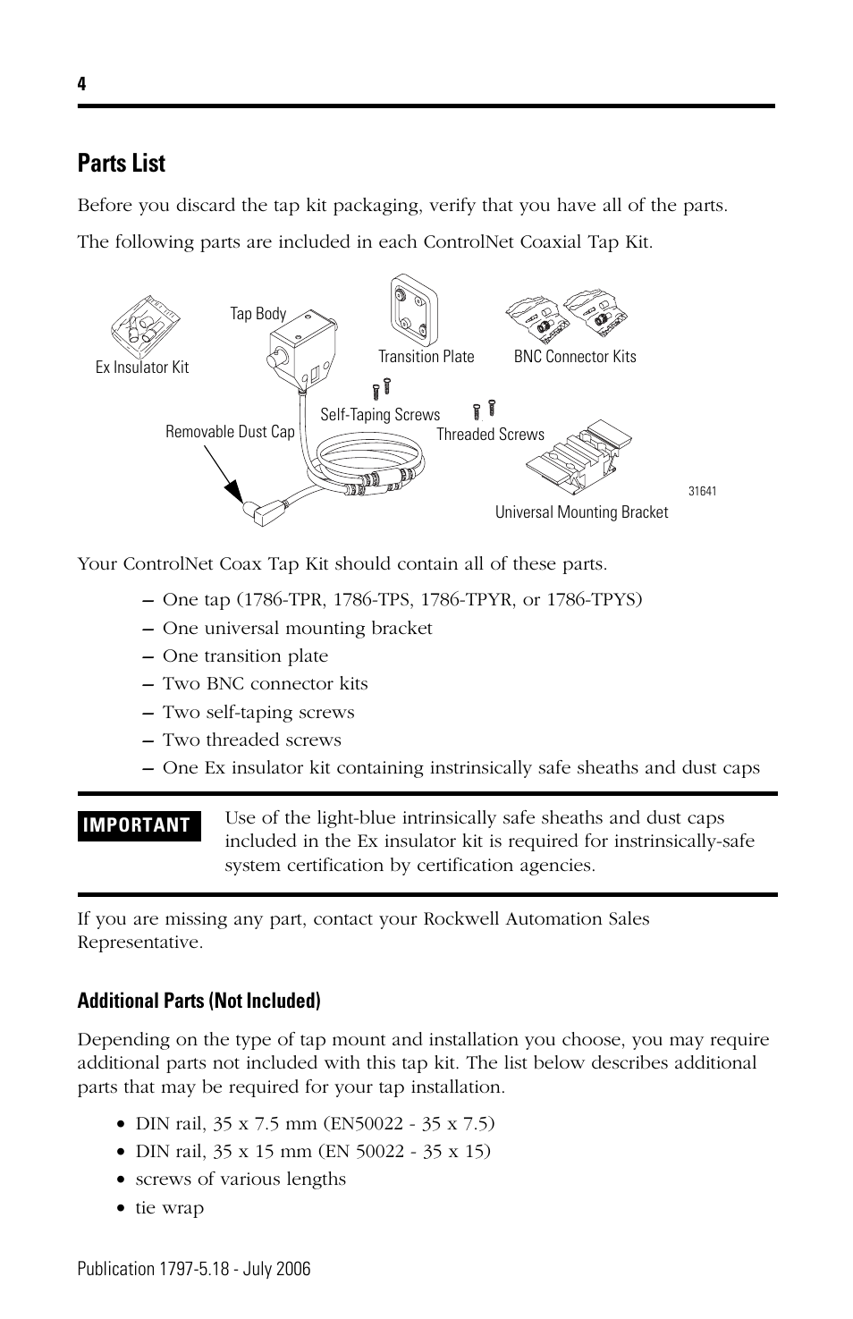 Parts list | Rockwell Automation 1797-TPYS ControlNet Coax Taps User Manual | Page 4 / 12