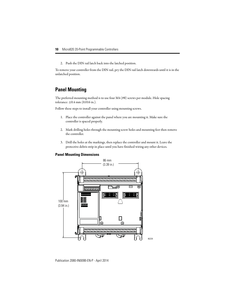 Panel mounting | Rockwell Automation 2080-LC20-20QWB_20AWB_20QBB_20QWBR_20AWBR_20QBBR Micro820 20-Point Programmable Controllers User Manual | Page 10 / 24