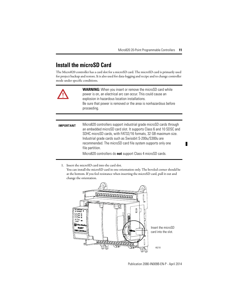 Install the microsd card | Rockwell Automation 2080-LC20-20QWB_20AWB_20QBB_20QWBR_20AWBR_20QBBR Micro820 20-Point Programmable Controllers User Manual | Page 11 / 24