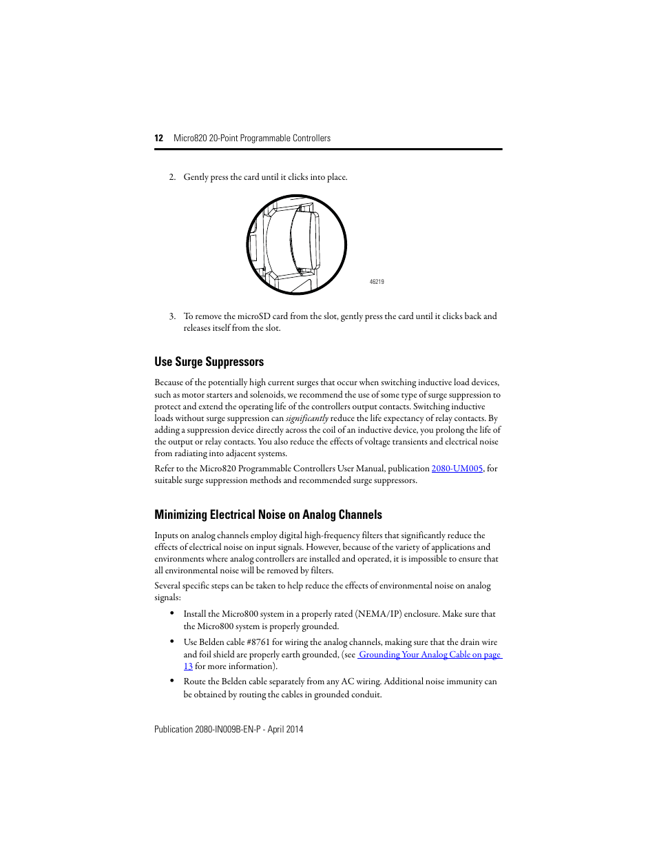 Use surge suppressors, Minimizing electrical noise on analog channels | Rockwell Automation 2080-LC20-20QWB_20AWB_20QBB_20QWBR_20AWBR_20QBBR Micro820 20-Point Programmable Controllers User Manual | Page 12 / 24