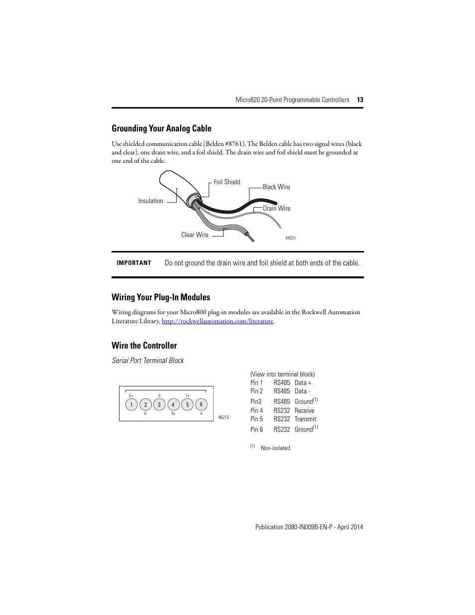 Wire the controller, Grounding your analog cable, Wiring your plug-in modules | Rockwell Automation 2080-LC20-20QWB_20AWB_20QBB_20QWBR_20AWBR_20QBBR Micro820 20-Point Programmable Controllers User Manual | Page 13 / 24