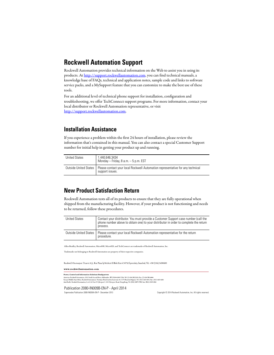 Back cover, Rockwell automation support, Installation assistance | New product satisfaction return | Rockwell Automation 2080-LC20-20QWB_20AWB_20QBB_20QWBR_20AWBR_20QBBR Micro820 20-Point Programmable Controllers User Manual | Page 24 / 24