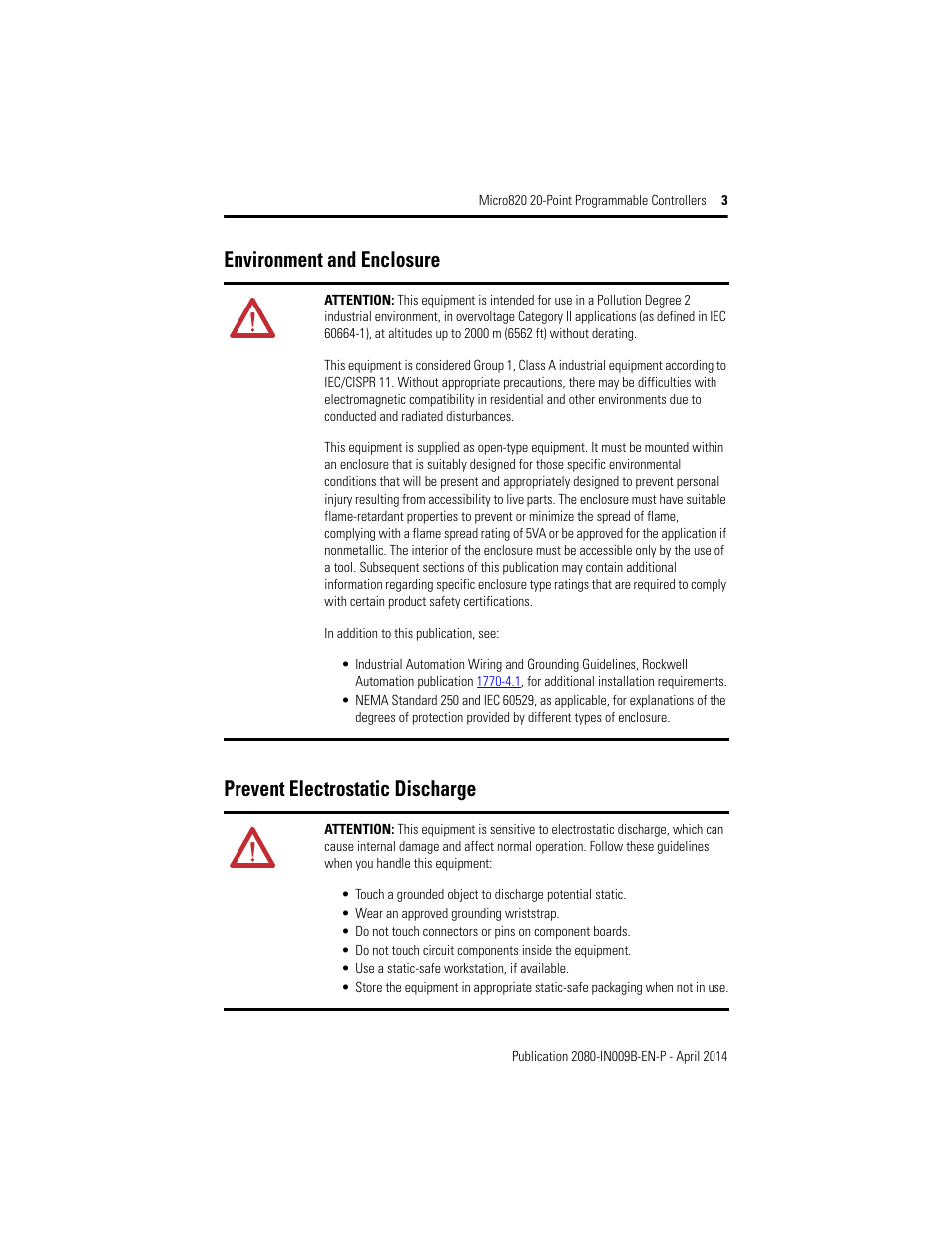 Environment and enclosure | Rockwell Automation 2080-LC20-20QWB_20AWB_20QBB_20QWBR_20AWBR_20QBBR Micro820 20-Point Programmable Controllers User Manual | Page 3 / 24