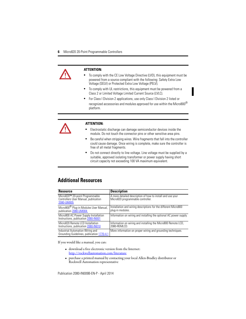 Additional resources | Rockwell Automation 2080-LC20-20QWB_20AWB_20QBB_20QWBR_20AWBR_20QBBR Micro820 20-Point Programmable Controllers User Manual | Page 6 / 24