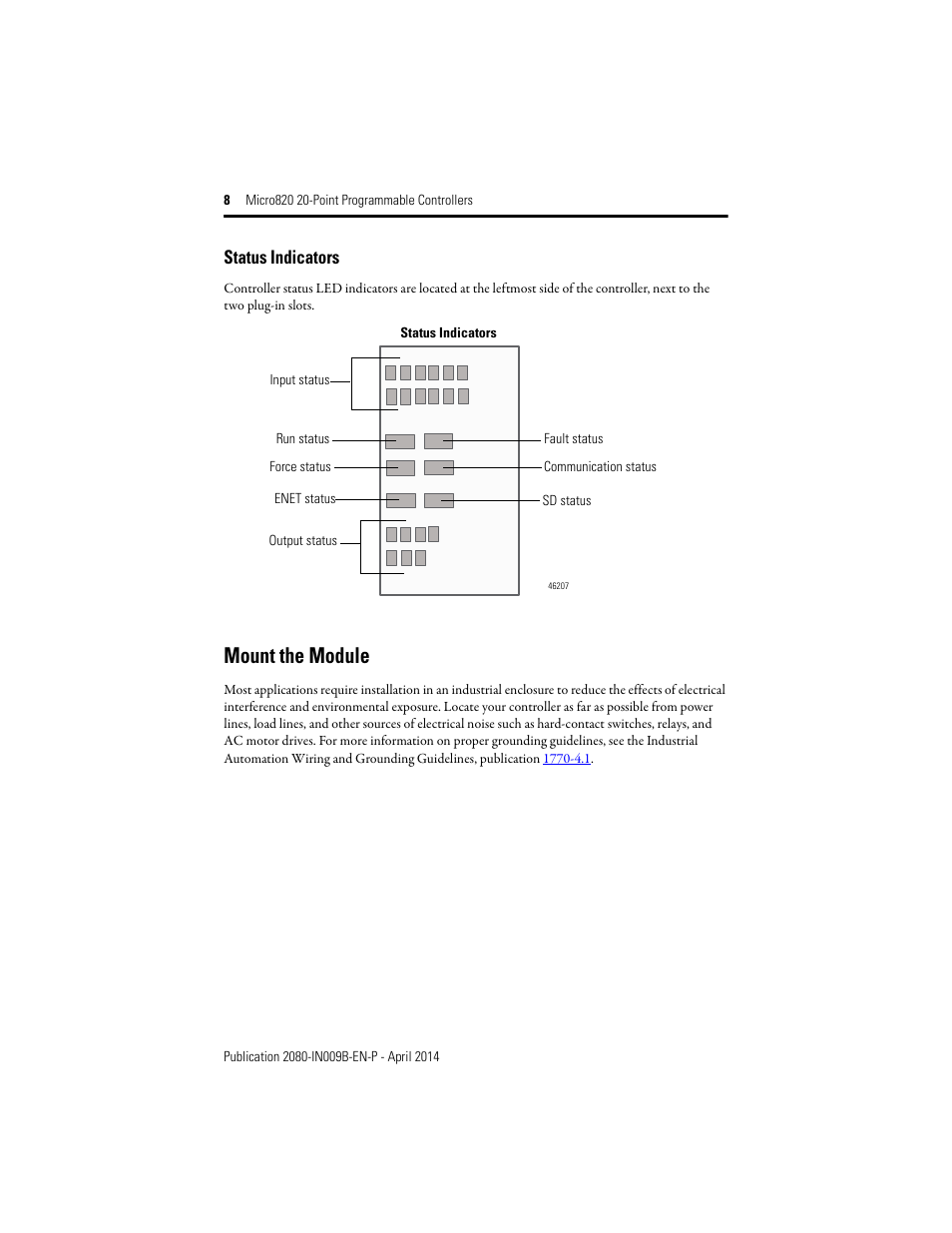 Mount the module, Status indicators | Rockwell Automation 2080-LC20-20QWB_20AWB_20QBB_20QWBR_20AWBR_20QBBR Micro820 20-Point Programmable Controllers User Manual | Page 8 / 24