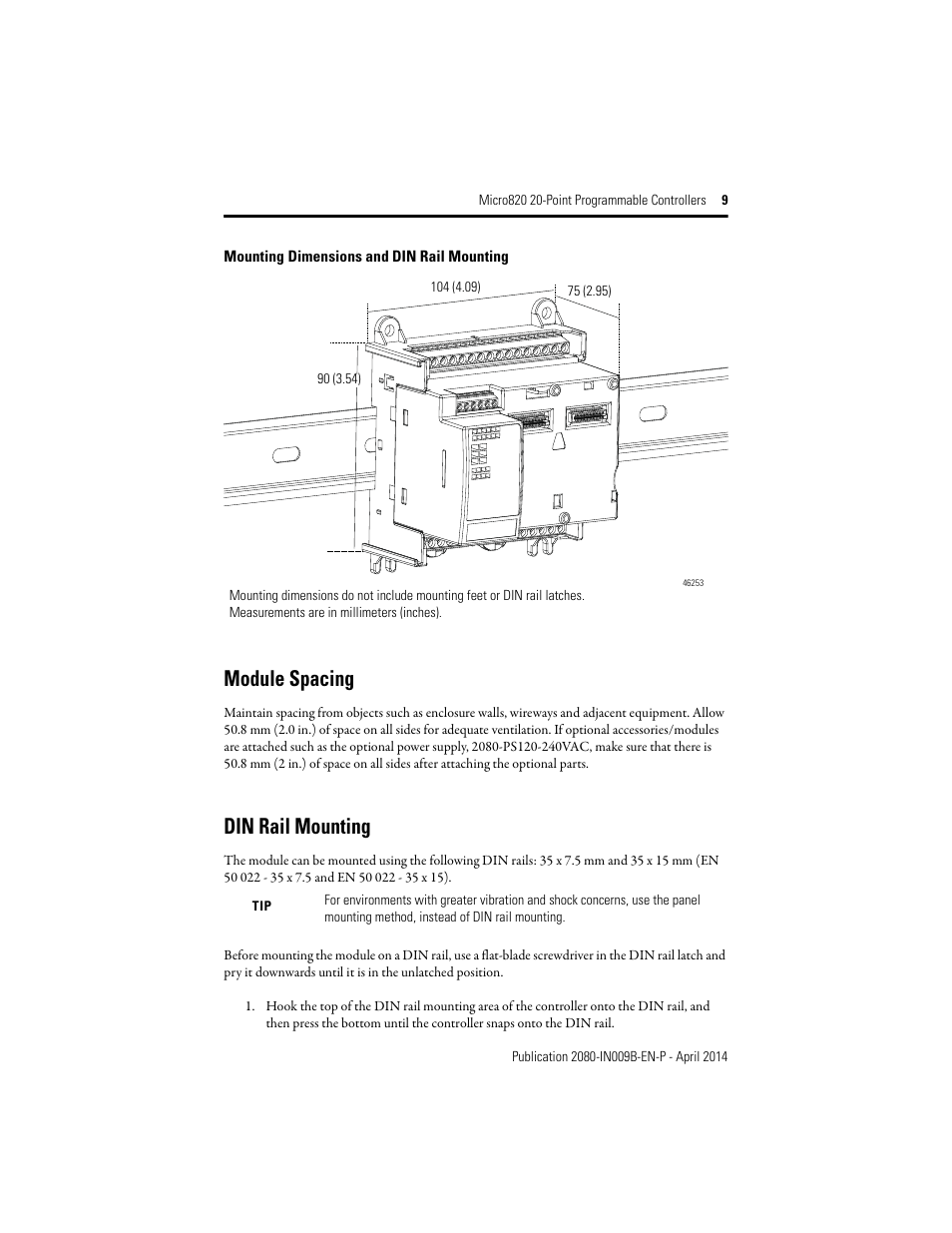 Module spacing, Din rail mounting | Rockwell Automation 2080-LC20-20QWB_20AWB_20QBB_20QWBR_20AWBR_20QBBR Micro820 20-Point Programmable Controllers User Manual | Page 9 / 24