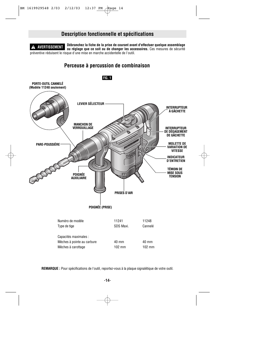 Description fonctionnelle et spécifications, Perceuse à percussion de combinaison | Bosch 11241EVS User Manual | Page 14 / 28