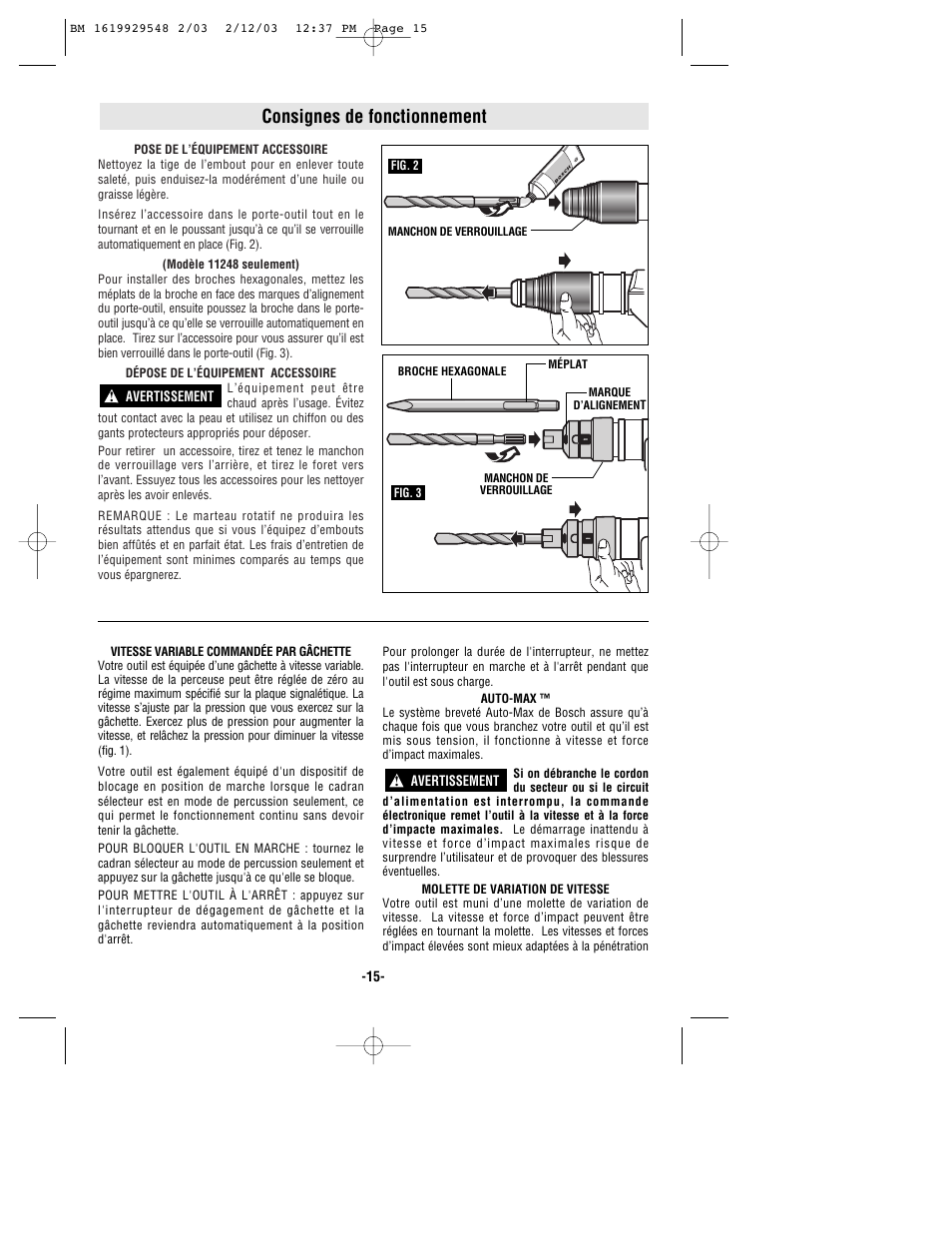 Consignes de fonctionnement | Bosch 11241EVS User Manual | Page 15 / 28