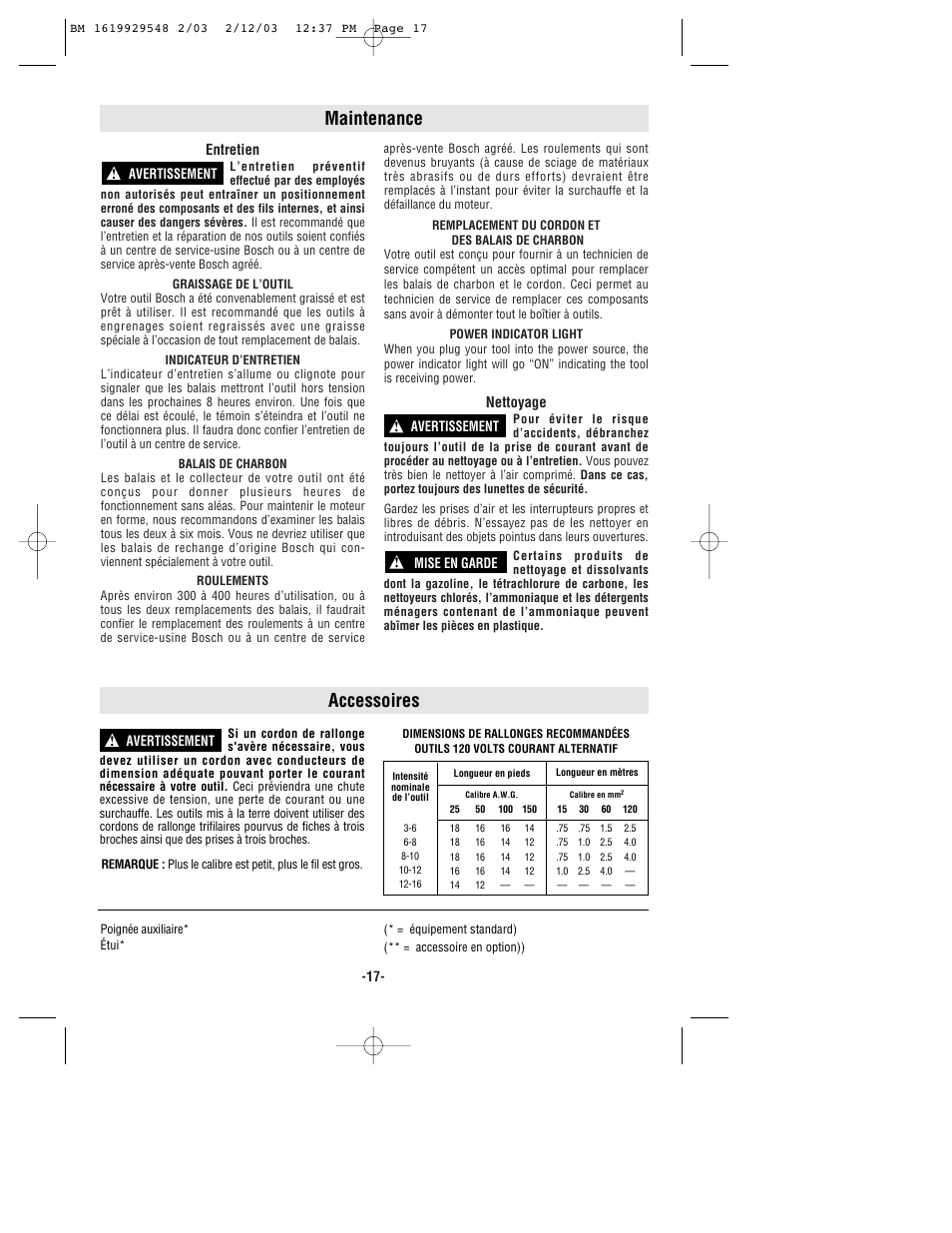 Maintenance, Accessoires | Bosch 11241EVS User Manual | Page 17 / 28