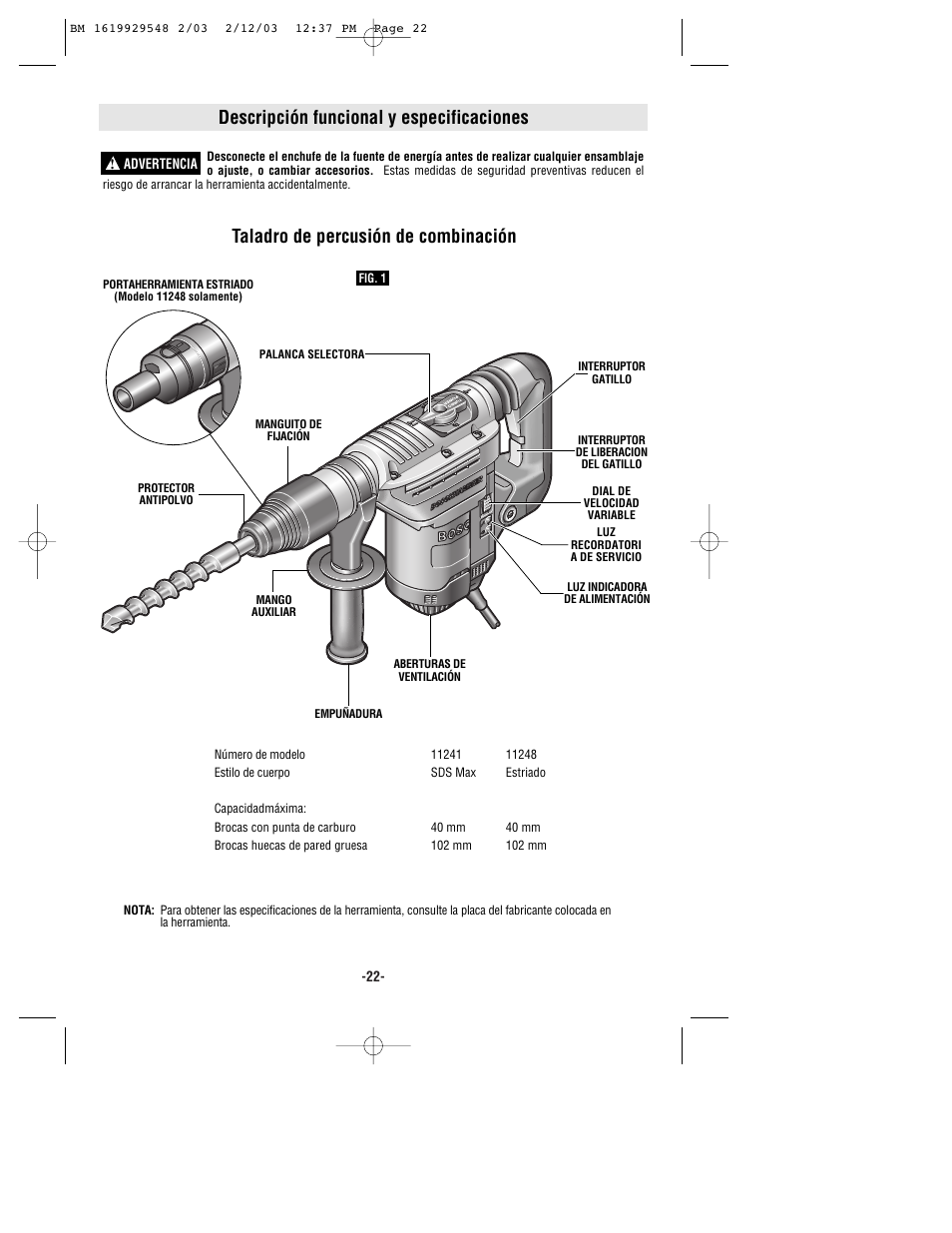 Descripción funcional y especificaciones, Taladro de percusión de combinación | Bosch 11241EVS User Manual | Page 22 / 28