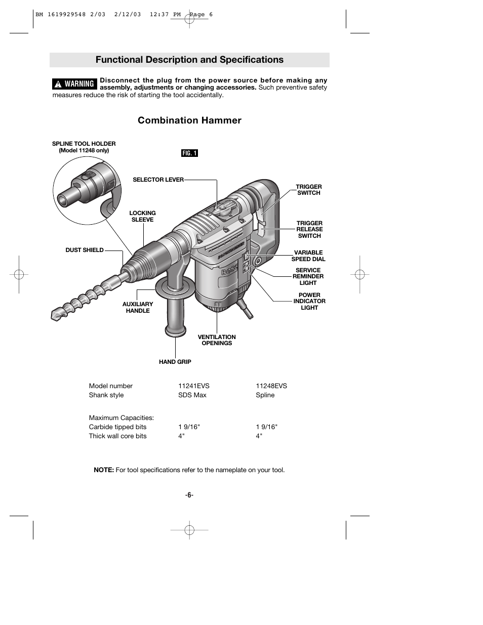 Functional description and specifications, Combination hammer | Bosch 11241EVS User Manual | Page 6 / 28