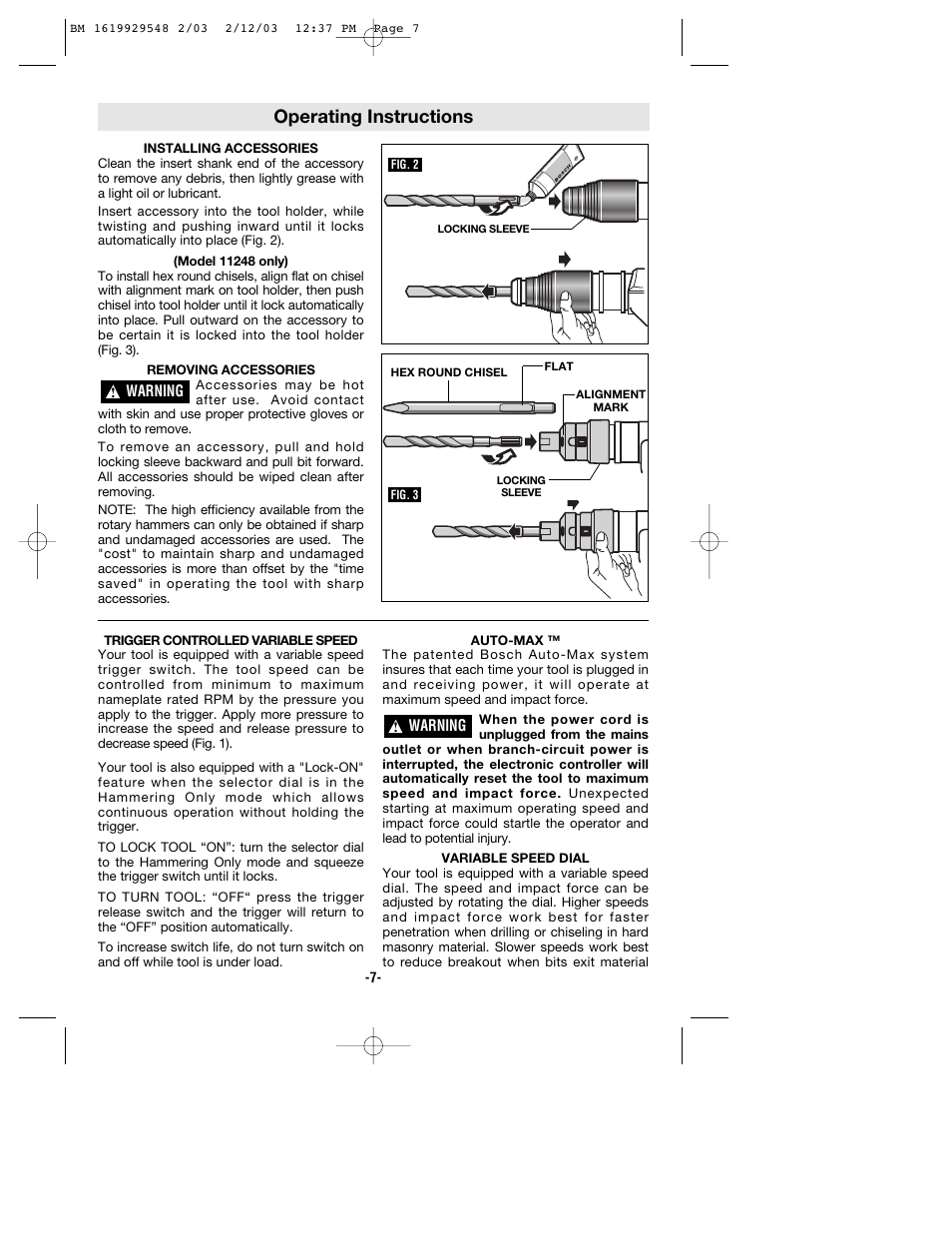 Operating instructions | Bosch 11241EVS User Manual | Page 7 / 28