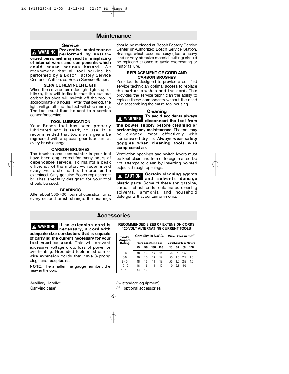 Maintenance, Accessories, Service | Cleaning, Warning, Caution | Bosch 11241EVS User Manual | Page 9 / 28