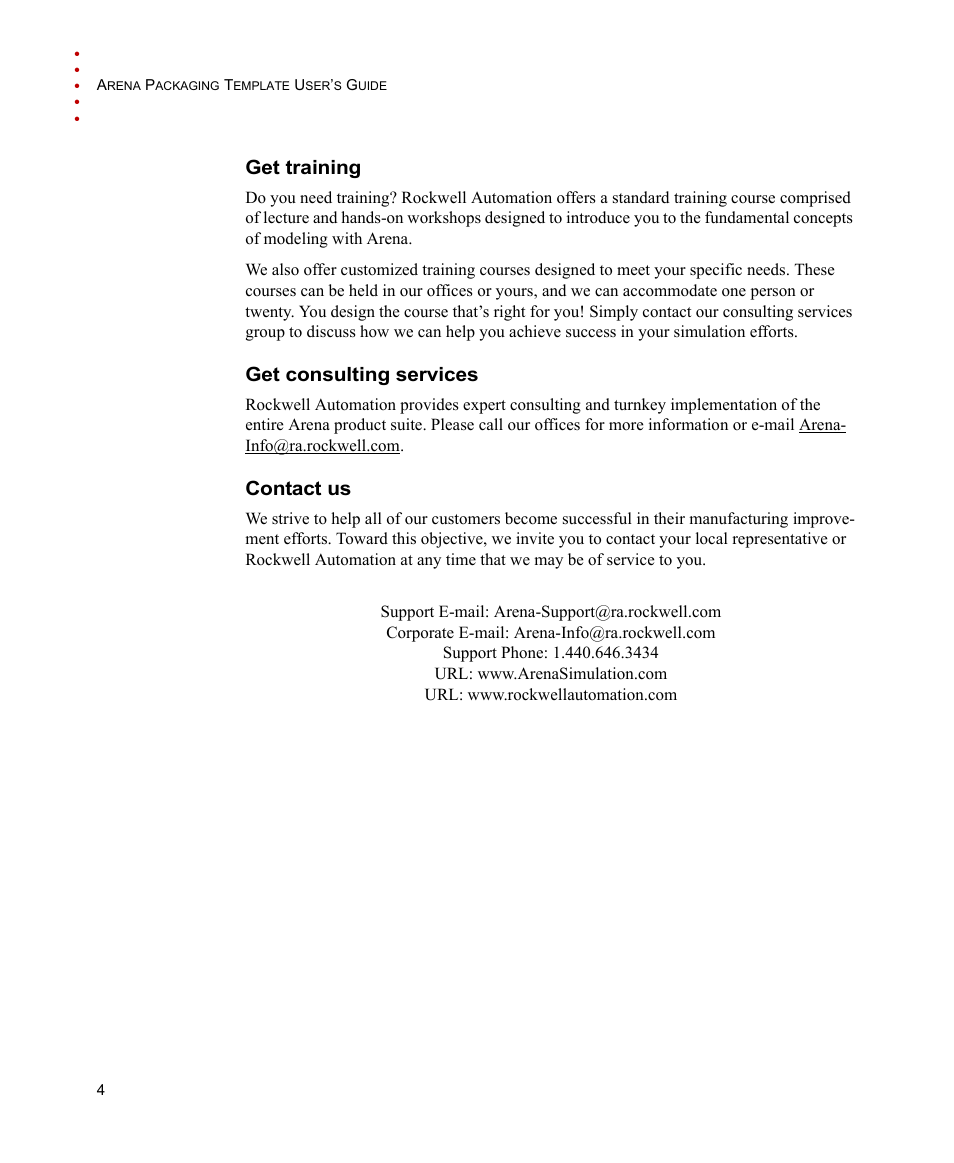 Get training, Get consulting services, Contact us | Get training get consulting services contact us | Rockwell Automation Arena Packaging Users Guide User Manual | Page 10 / 112