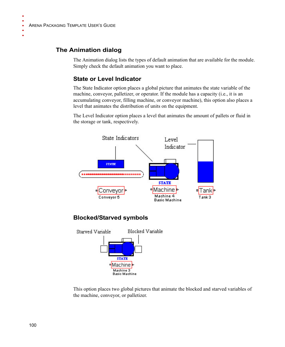 The animation dialog, State or level indicator, Blocked/starved symbols | State or level indicator blocked/starved symbols | Rockwell Automation Arena Packaging Users Guide User Manual | Page 106 / 112