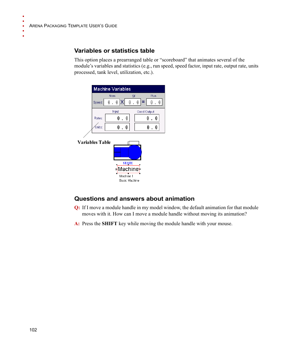 Variables or statistics table, Questions and answers about animation | Rockwell Automation Arena Packaging Users Guide User Manual | Page 108 / 112