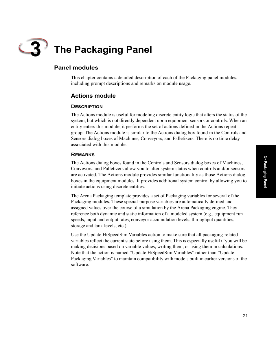 The packaging panel, Panel modules, Actions module | Rockwell Automation Arena Packaging Users Guide User Manual | Page 27 / 112