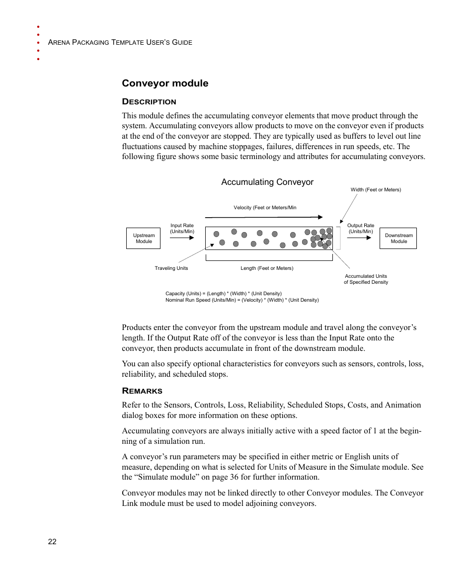 Conveyor module, Accumulating conveyor | Rockwell Automation Arena Packaging Users Guide User Manual | Page 28 / 112