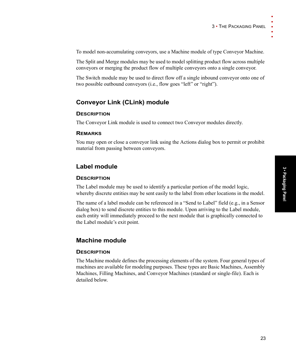 Conveyor link (clink) module, Label module, Machine module | Rockwell Automation Arena Packaging Users Guide User Manual | Page 29 / 112