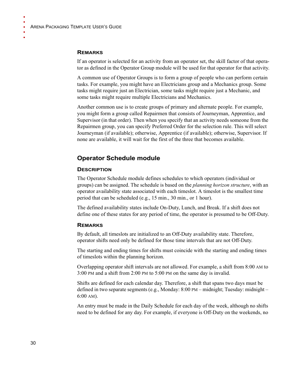 Operator schedule module | Rockwell Automation Arena Packaging Users Guide User Manual | Page 36 / 112