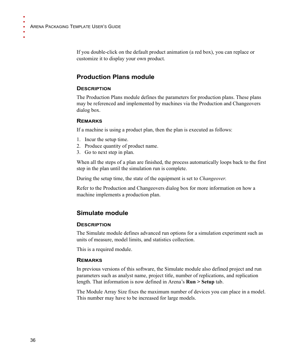 Production plans module, Simulate module, Production plans module simulate module | Rockwell Automation Arena Packaging Users Guide User Manual | Page 42 / 112