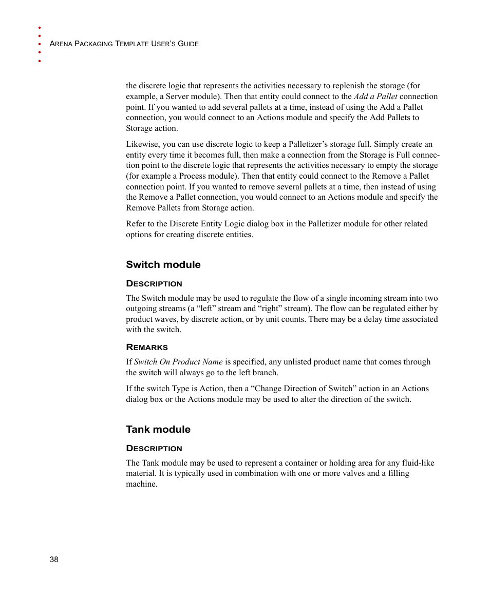 Switch module, Tank module, Switch module tank module | Rockwell Automation Arena Packaging Users Guide User Manual | Page 44 / 112