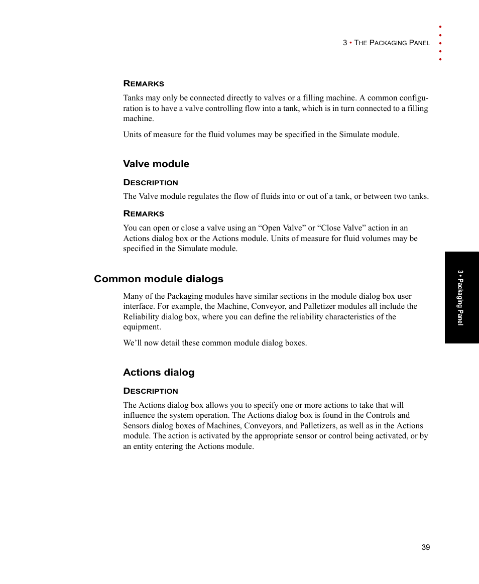 Valve module, Common module dialogs, Actions dialog | Rockwell Automation Arena Packaging Users Guide User Manual | Page 45 / 112
