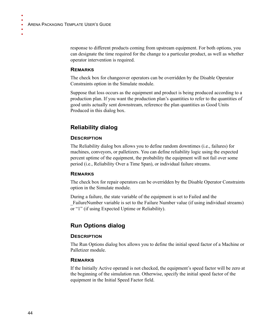 Reliability dialog, Run options dialog, Reliability dialog run options dialog | Rockwell Automation Arena Packaging Users Guide User Manual | Page 50 / 112