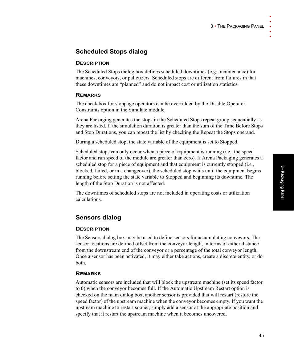 Scheduled stops dialog, Sensors dialog, Scheduled stops dialog sensors dialog | Rockwell Automation Arena Packaging Users Guide User Manual | Page 51 / 112