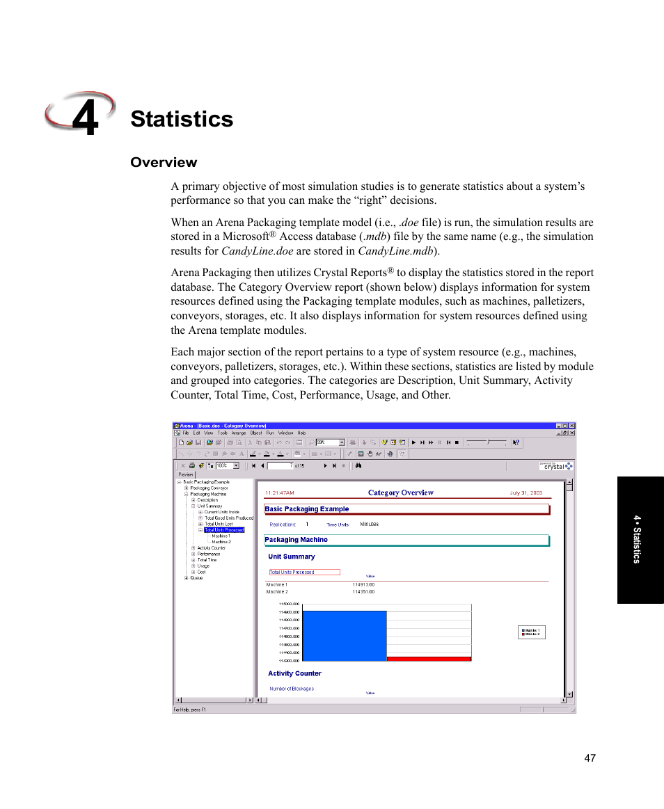 Statistics, Overview | Rockwell Automation Arena Packaging Users Guide User Manual | Page 53 / 112