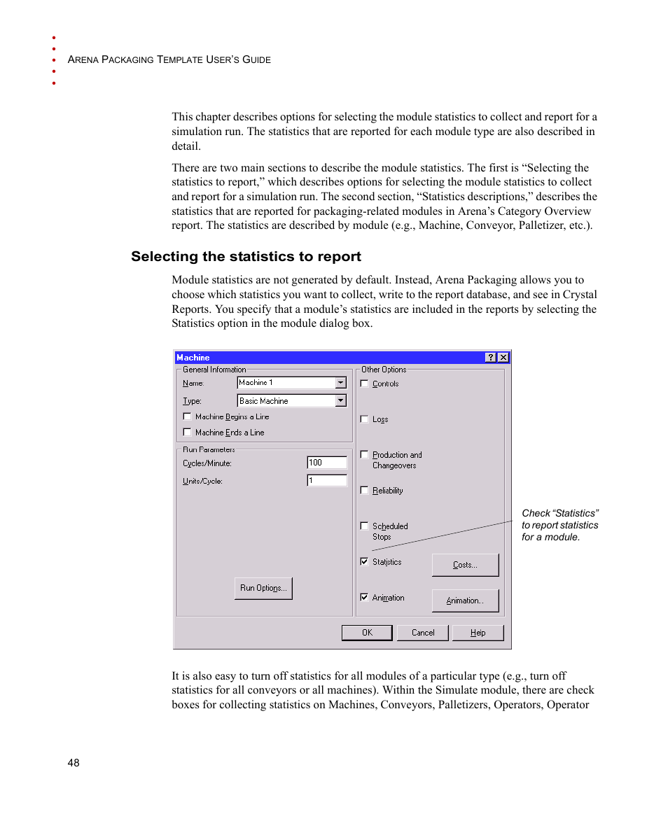 Selecting the statistics to report | Rockwell Automation Arena Packaging Users Guide User Manual | Page 54 / 112