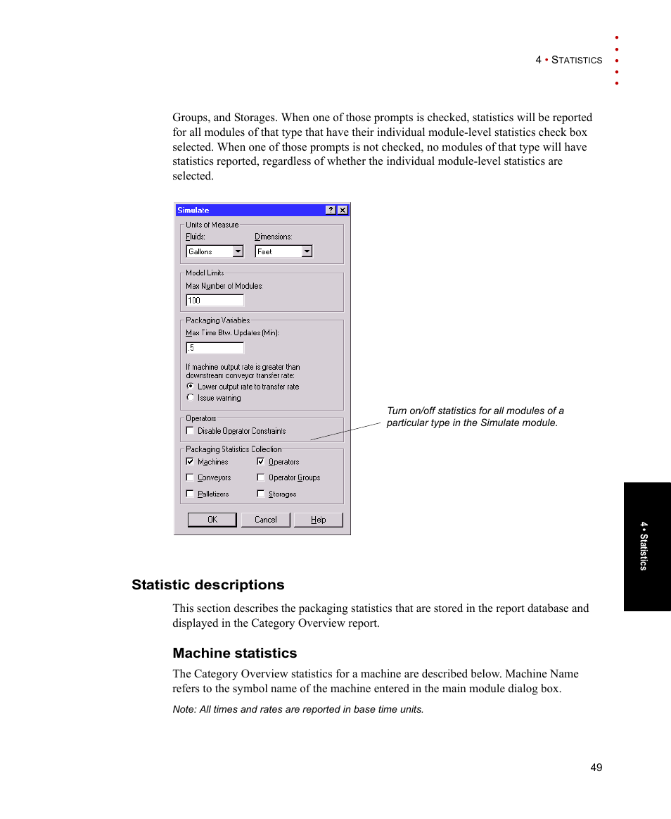 Statistic descriptions, Machine statistics | Rockwell Automation Arena Packaging Users Guide User Manual | Page 55 / 112