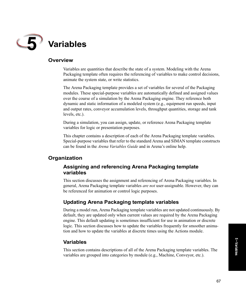 Variables, Overview, Organization | Updating arena packaging template variables, Overview organization | Rockwell Automation Arena Packaging Users Guide User Manual | Page 73 / 112