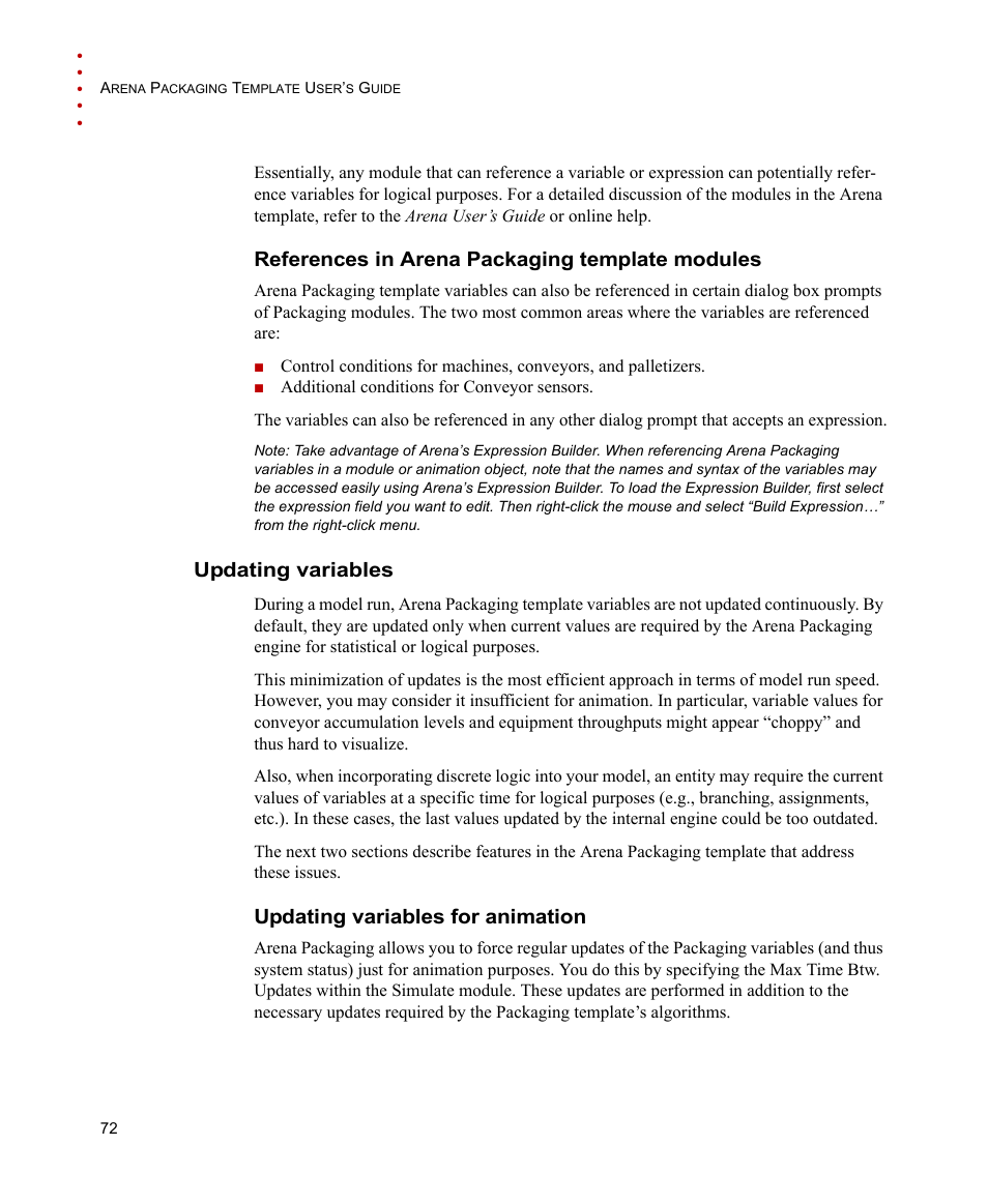 References in arena packaging template modules, Updating variables, Updating variables for animation | Rockwell Automation Arena Packaging Users Guide User Manual | Page 78 / 112