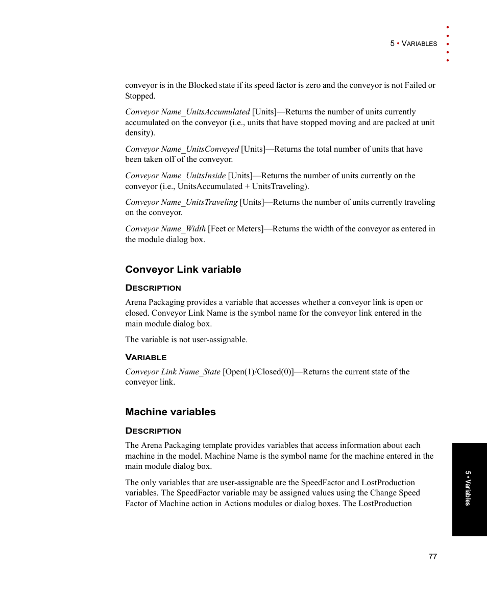 Conveyor link variable, Machine variables, Conveyor link variable machine variables | Rockwell Automation Arena Packaging Users Guide User Manual | Page 83 / 112