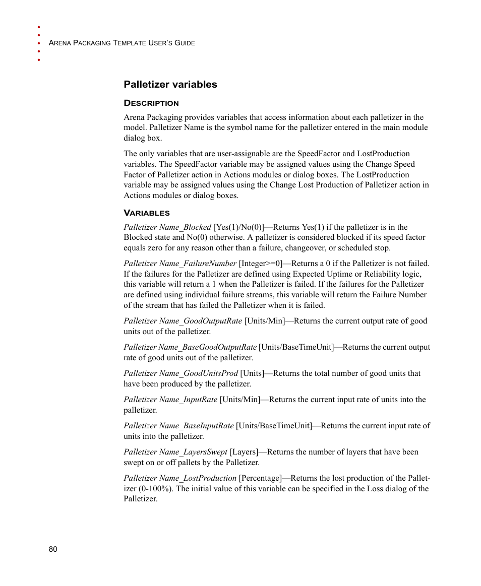 Palletizer variables | Rockwell Automation Arena Packaging Users Guide User Manual | Page 86 / 112