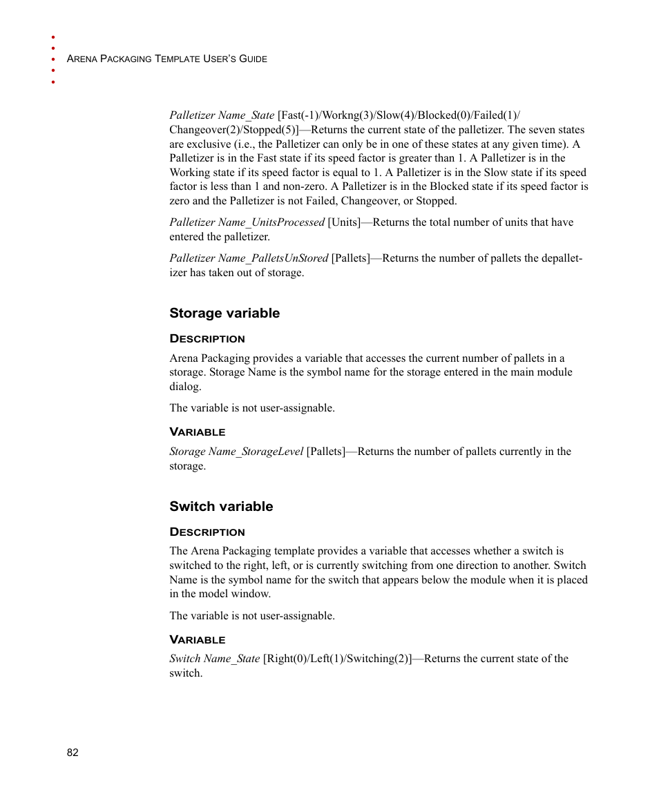 Storage variable, Switch variable, Storage variable switch variable | Rockwell Automation Arena Packaging Users Guide User Manual | Page 88 / 112