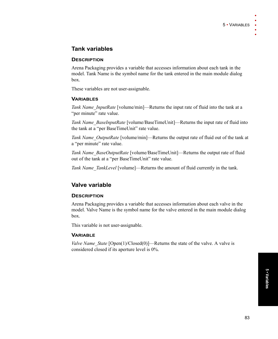 Tank variables, Valve variable, Tank variables valve variable | Rockwell Automation Arena Packaging Users Guide User Manual | Page 89 / 112