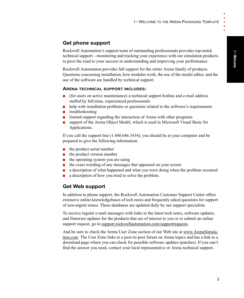 Get phone support, Get web support, Get phone support get web support | Rockwell Automation Arena Packaging Users Guide User Manual | Page 9 / 112