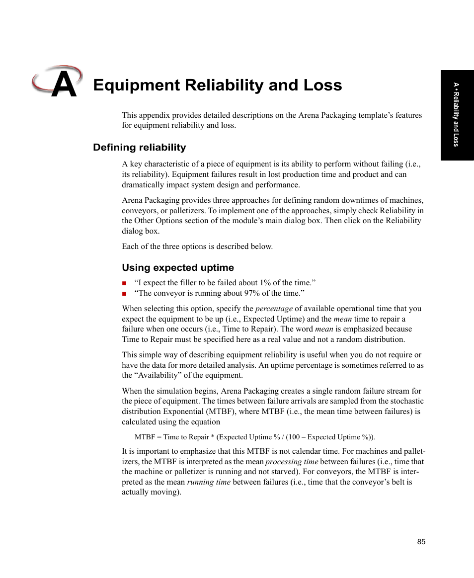 Equipment reliability and loss, Defining reliability, Using expected uptime | Rockwell Automation Arena Packaging Users Guide User Manual | Page 91 / 112