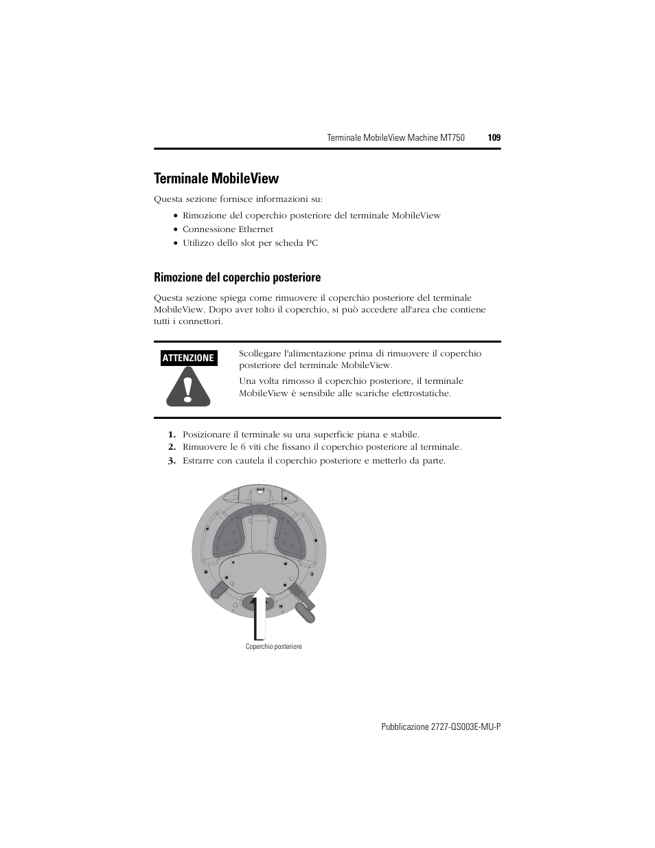 Terminale mobileview, Rimozione del coperchio posteriore | Rockwell Automation 2727-M7P20D1P1, -M7P20D1Q2, -M7P20D1Q3 MobileView Machine Terminal MT750 Quick Start User Manual | Page 109 / 148