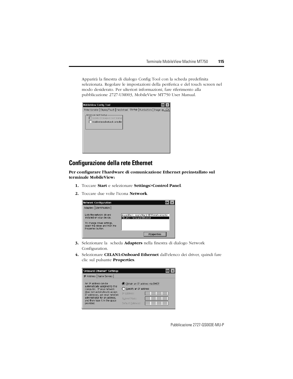 Configurazione della rete ethernet | Rockwell Automation 2727-M7P20D1P1, -M7P20D1Q2, -M7P20D1Q3 MobileView Machine Terminal MT750 Quick Start User Manual | Page 115 / 148