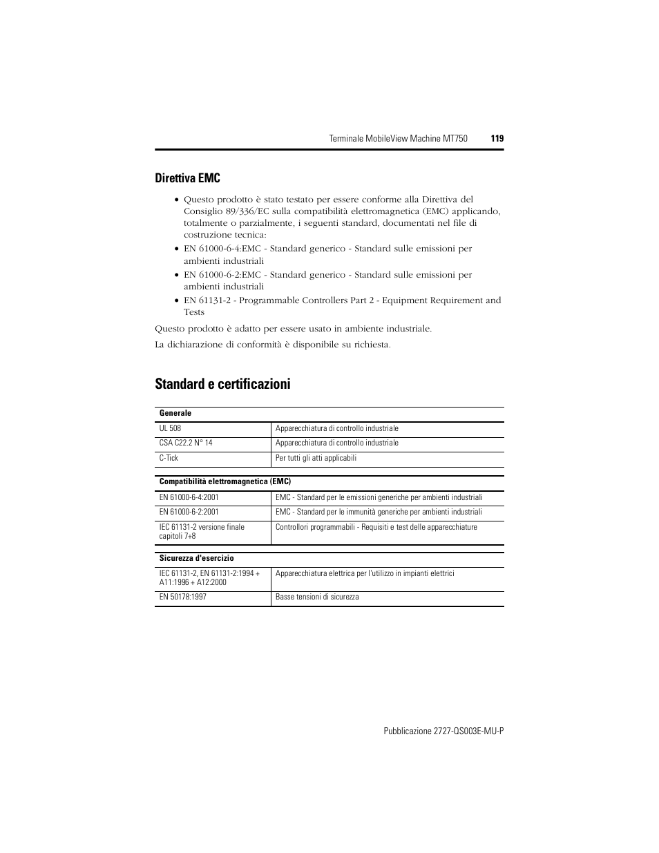 Direttiva emc, Standard e certificazioni | Rockwell Automation 2727-M7P20D1P1, -M7P20D1Q2, -M7P20D1Q3 MobileView Machine Terminal MT750 Quick Start User Manual | Page 119 / 148