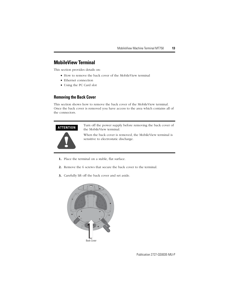 Mobileview terminal, Removing the back cover | Rockwell Automation 2727-M7P20D1P1, -M7P20D1Q2, -M7P20D1Q3 MobileView Machine Terminal MT750 Quick Start User Manual | Page 13 / 148