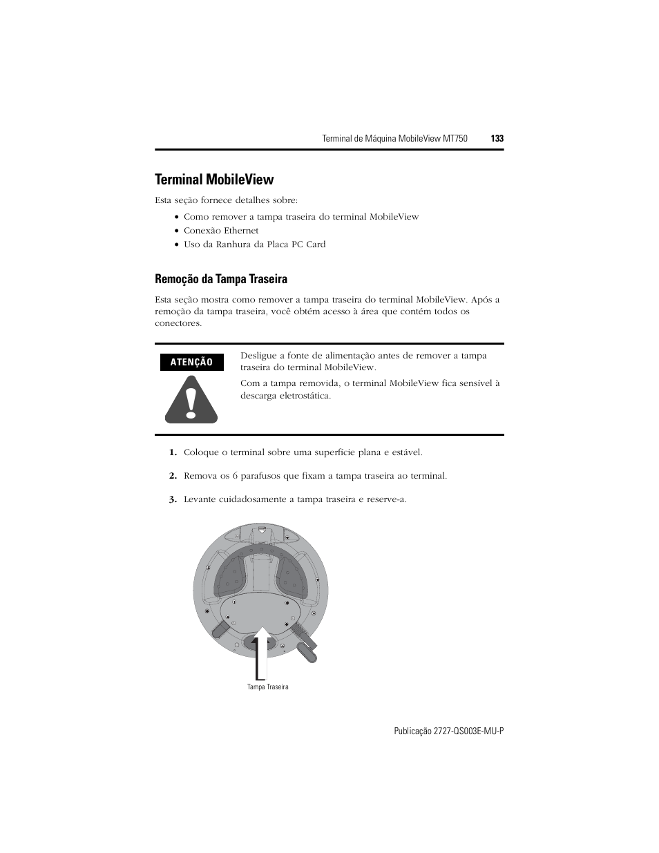 Terminal mobileview, Remoção da tampa traseira | Rockwell Automation 2727-M7P20D1P1, -M7P20D1Q2, -M7P20D1Q3 MobileView Machine Terminal MT750 Quick Start User Manual | Page 133 / 148
