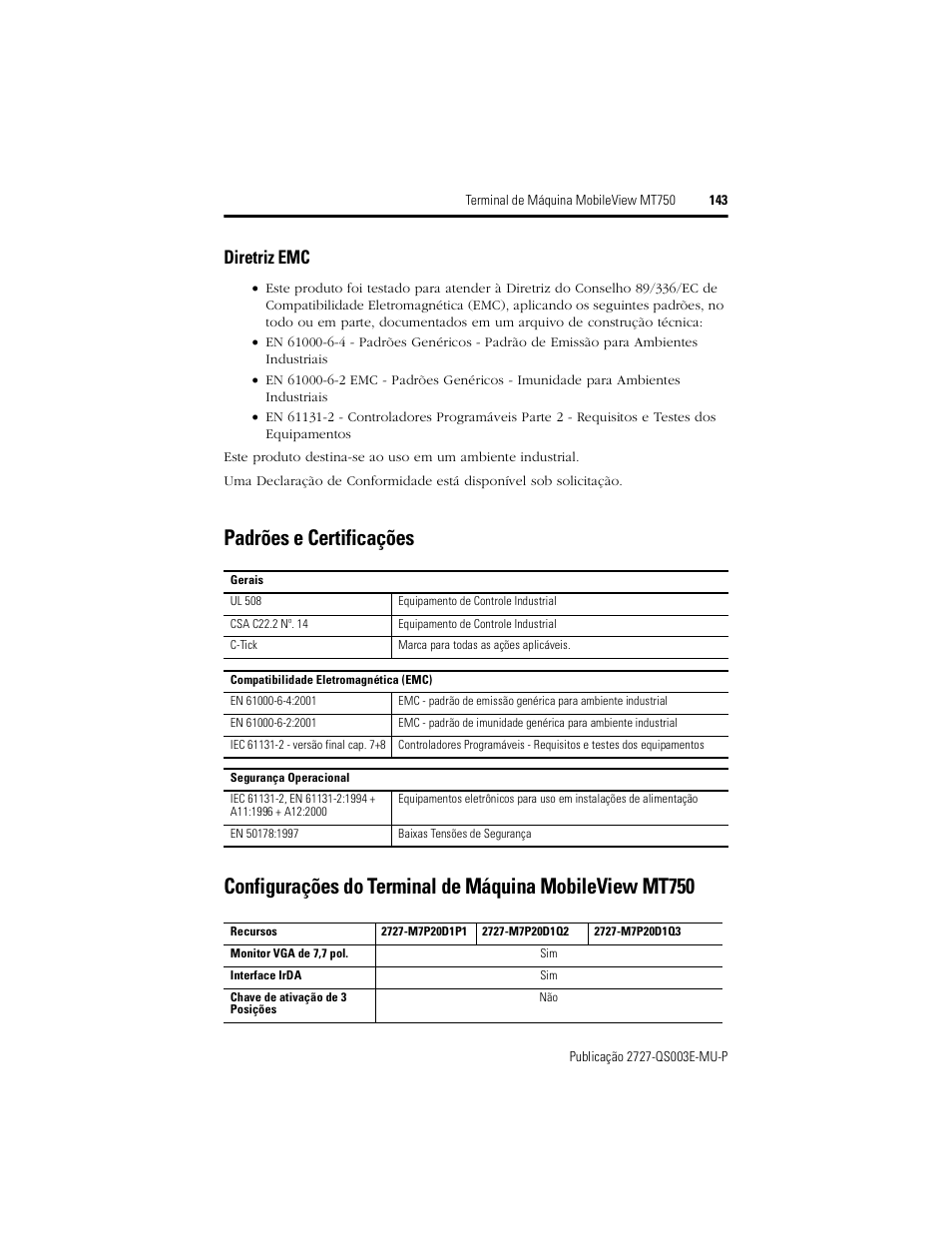 Diretriz emc, Padrões e certificações | Rockwell Automation 2727-M7P20D1P1, -M7P20D1Q2, -M7P20D1Q3 MobileView Machine Terminal MT750 Quick Start User Manual | Page 143 / 148