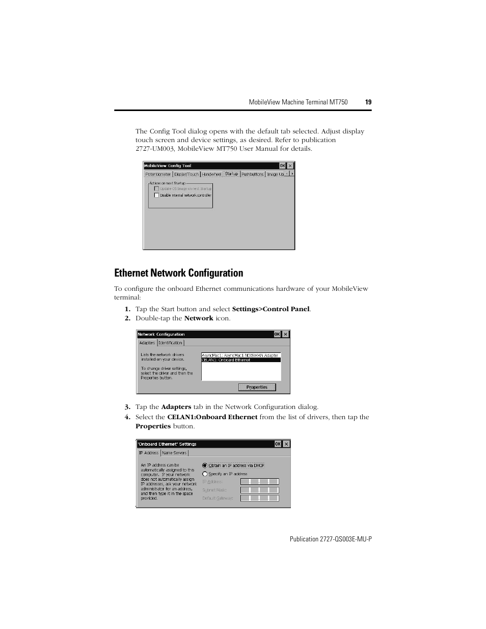 Ethernet network configuration | Rockwell Automation 2727-M7P20D1P1, -M7P20D1Q2, -M7P20D1Q3 MobileView Machine Terminal MT750 Quick Start User Manual | Page 19 / 148